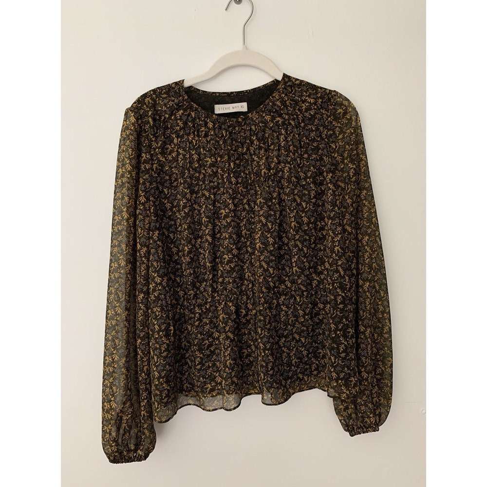 Stevie May Peasant Blouse Sz XS Long Puff Sleeve Brown Ditsy Print Cottagecore